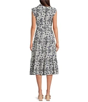 Current Air Daisy Floral Point Collar Cap Sleeve Button Front Midi Dress