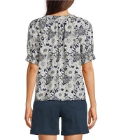 Current Air Daisy Floral Split Neck Elbow Sleeve Blouse