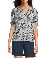 Current Air Daisy Floral Split Neck Elbow Sleeve Blouse