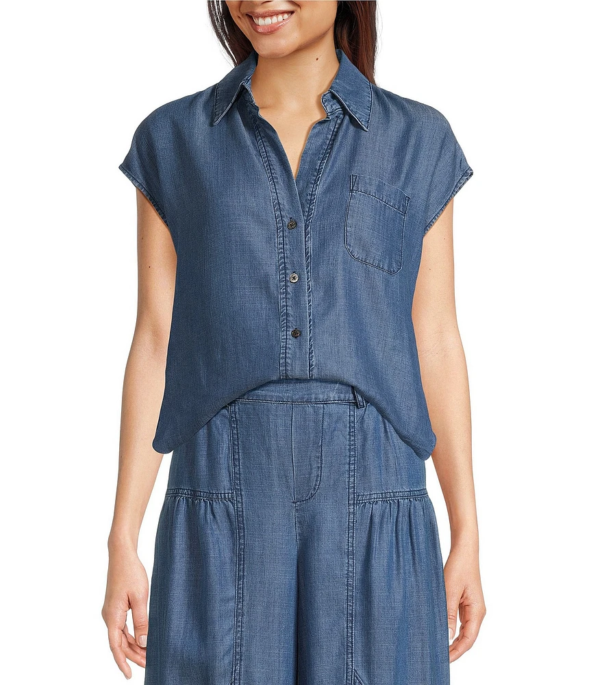 Current Air Denim Point Collar Cap Sleeves Relaxed Fit Button Front Shirt
