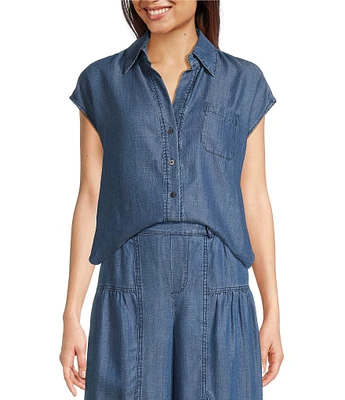 Current Air Denim Point Collar Cap Sleeves Relaxed Fit Button Front Shirt