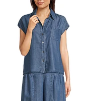 Current Air Denim Point Collar Cap Sleeves Relaxed Fit Button Front Shirt