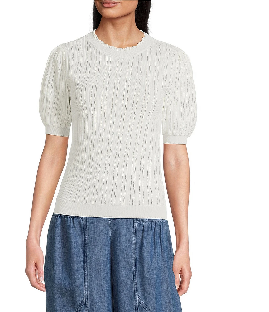Current Air Eyelet Crochet Round Neck Elbow Length Sleeve Knit Sweater