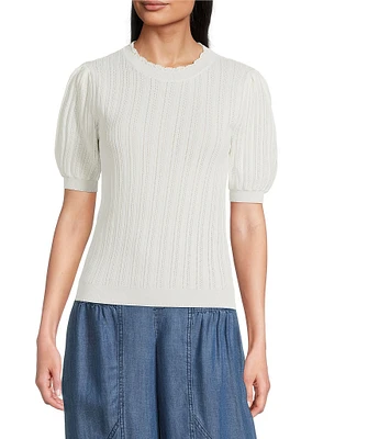 Current Air Eyelet Crochet Round Neck Elbow Length Sleeve Knit Sweater