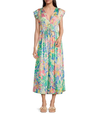 Current Air Floral Pleated V-Neck Cap Sleeve A-Line Maxi Dress