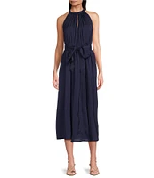 Current Air Halter Tie Waist Pleated Midi Dress