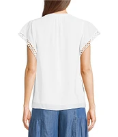 Current Air Hand Embroidered Trim Split Neck Flutter Sleeve Blouse
