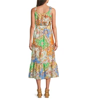 Current Air Patchwork Linen Blend Square Neck Sleeveless Belted Dress