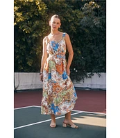 Current Air Patchwork Linen Blend Square Neck Sleeveless Belted Dress