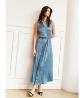 Current Air Pleated Collared Sleeveless Button Front Shirtdress