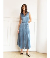 Current Air Pleated Collared Sleeveless Button Front Shirtdress