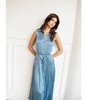 Current Air Pleated Collared Sleeveless Button Front Shirtdress