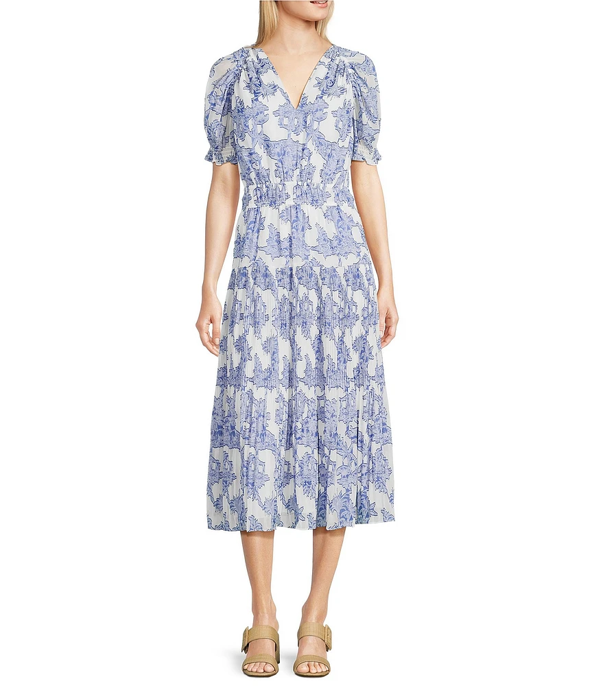 Current Air Pleated V-Neck Short Sleeve Midi Dress
