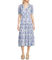 Current Air Pleated V-Neck Short Sleeve Midi Dress
