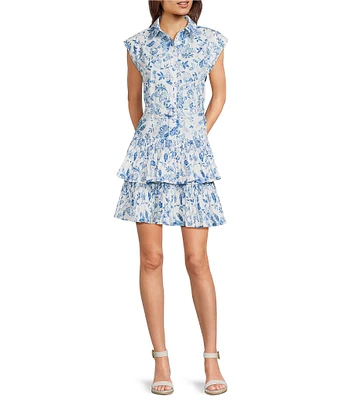 Current Air Point Collar Cap Sleeve Floral Print Mini Dress
