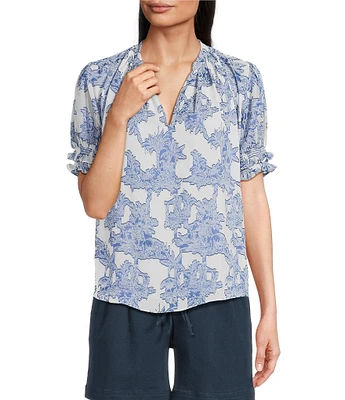 Current Air Printed Jacquard Split Neck Short Sleeve Blouse