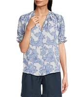 Current Air Printed Jacquard Split Neck Short Sleeve Blouse
