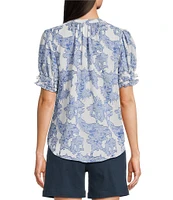 Current Air Printed Jacquard Split Neck Short Sleeve Blouse