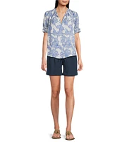 Current Air Printed Jacquard Split Neck Short Sleeve Blouse