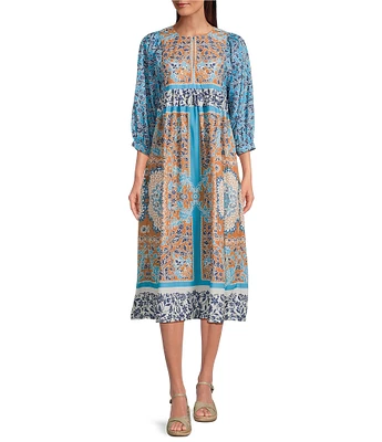 Current Air Printed Split Round Neck 3/4 Dolman Sleeve Empire Waist Midi Dress
