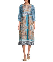 Current Air Printed Split Round Neck 3/4 Dolman Sleeve Empire Waist Midi Dress
