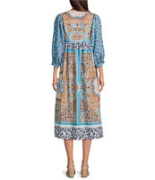 Current Air Printed Split Round Neck 3/4 Dolman Sleeve Empire Waist Midi Dress