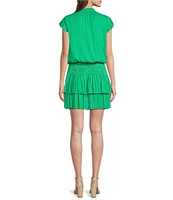 Current Air Ruffle Split Neck Flutter Sleeve Smocked Waist Mini Dress