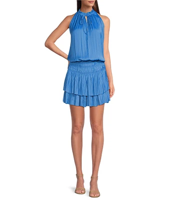 Current Air Solid Split Ruffle Neck Sleeveless Pleated Tiered Mini Dress