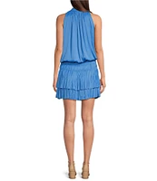 Current Air Solid Split Ruffle Neck Sleeveless Pleated Tiered Mini Dress