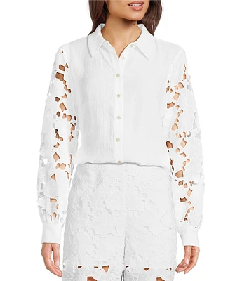 Current Air Woven 3D Floral Lace Point Collar Long Sleeve Relaxed Fit Button Front Coordinating Shirt