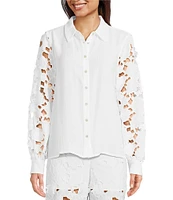 Current Air Woven 3D Floral Lace Point Collar Long Sleeve Relaxed Fit Button Front Coordinating Shirt