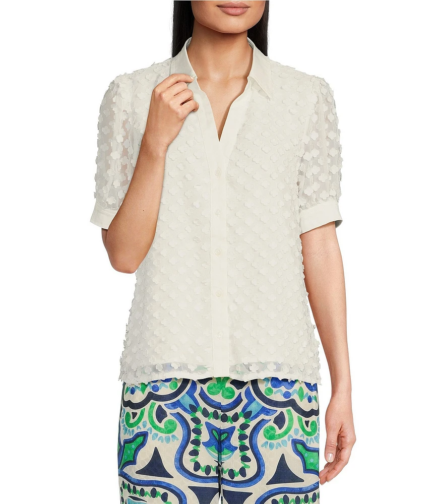 Current Air Woven Embellish 3D Floral Spread Collar V-Neck Short Sleeves Button Front Blouse
