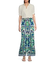 Current Air Woven Embellish 3D Floral Spread Collar V-Neck Short Sleeves Button Front Blouse