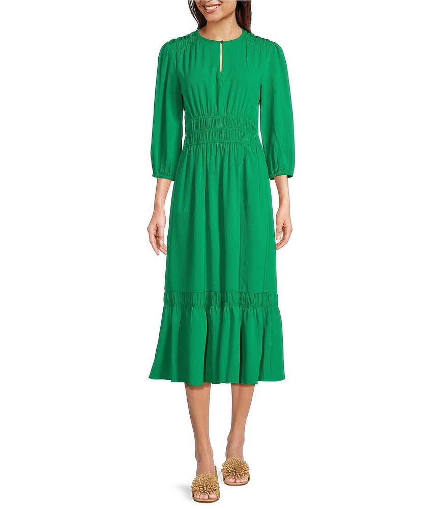 Current Air Woven Stretch Round Neck 3/4 Sleeve Smocked Waist A-Line Dress
