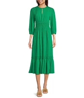 Current Air Woven Stretch Round Neck 3/4 Sleeve Smocked Waist A-Line Dress