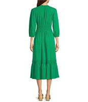 Current Air Woven Stretch Round Neck 3/4 Sleeve Smocked Waist A-Line Dress