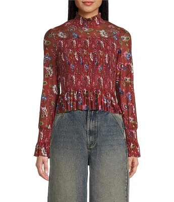 C&V Chelsea & Violet Floral Print Long Sleeve Smocked Coordinating Top