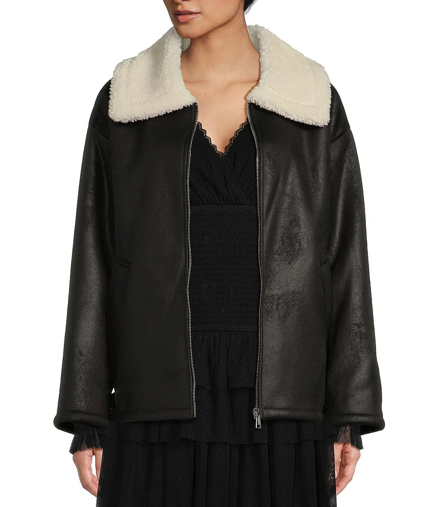 C&V Chelsea & Violet Zip-Front Sherpa Collar & Faux Suede Jacket