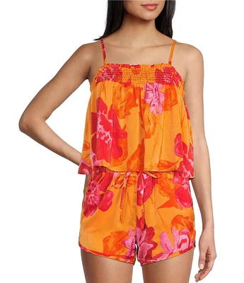 C&V Chelsea & Violet Hibiscus Floral Square Neck Sleeveless Smocked Coordinating Tank Top