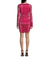 C&V Chelsea & Violet Long Sleeve Plaid Printed Rosette Mesh Dress