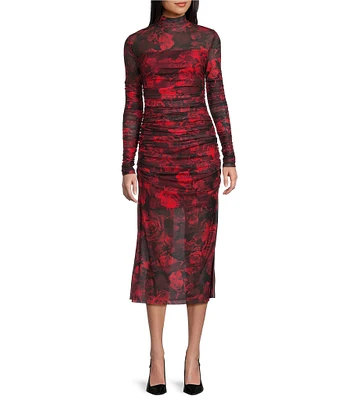 C&V Chelsea & Violet Mock Neck Long Sleeve Rose Mesh Midi Dress