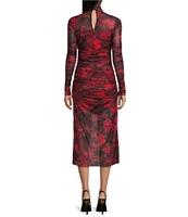 C&V Chelsea & Violet Mock Neck Long Sleeve Rose Mesh Midi Dress