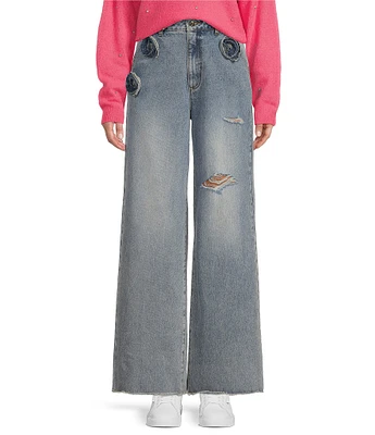 C&V Chelsea & Violet Distressed Rosette Wide Leg Denim Jeans