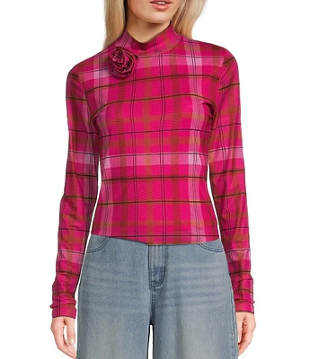 C&v Chelsea & Violet Rosette Plaid Mesh Top