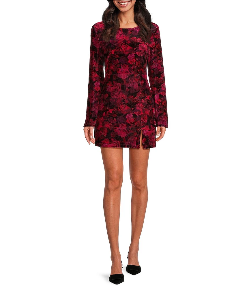 C&V Chelsea & Violet Round Neck Bell Sleeves Tie Back Velvet Printed Floral Dress