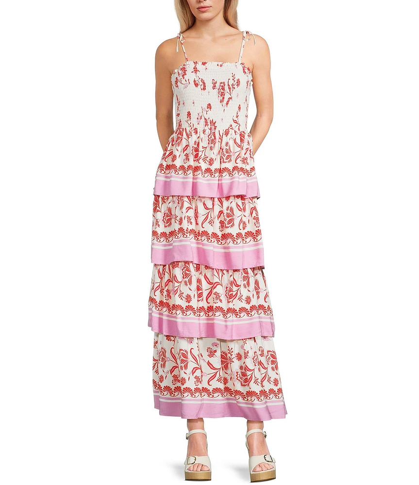 C&V Chelsea & Violet Square Neck Sleeveless Tiered Floral Tropical Print Maxi Dress