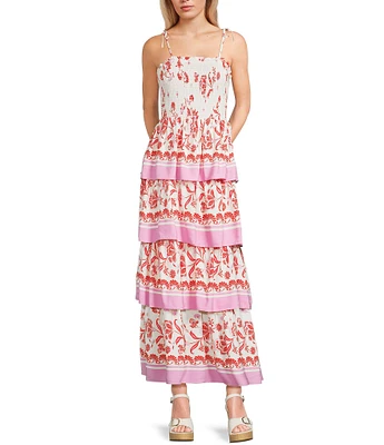 C&V Chelsea & Violet Square Neck Sleeveless Tiered Floral Tropical Print Maxi Dress