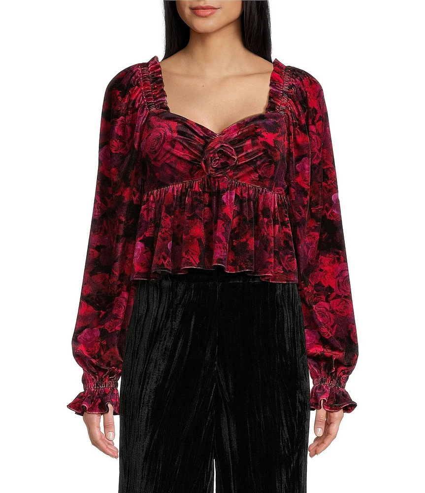 C&V Chelsea & Violet V-Neck Long Sleeve Velvet Rosette Blouse