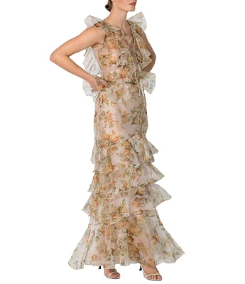 Damaris Bailey Carmen Flora Print Scoop Neck Sleeveless Ruffle Organza Dress