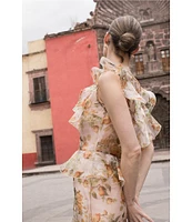 Damaris Bailey Carmen Flora Print Scoop Neck Sleeveless Ruffle Organza Dress